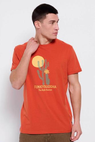 Funky Buddha ανδρικό βαμβακερό T-shirt με cactus και logo print μπροστά - FBM007-370-04 Πορτοκαλί